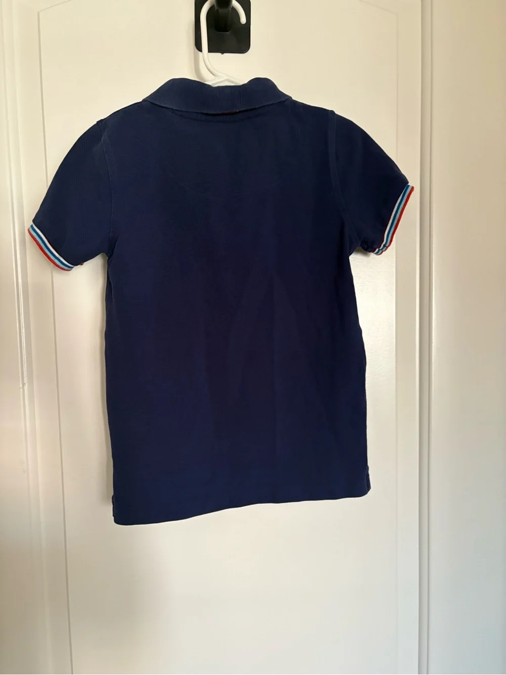 Boden Navy Polo with Red, White and Blue Stripe Trim